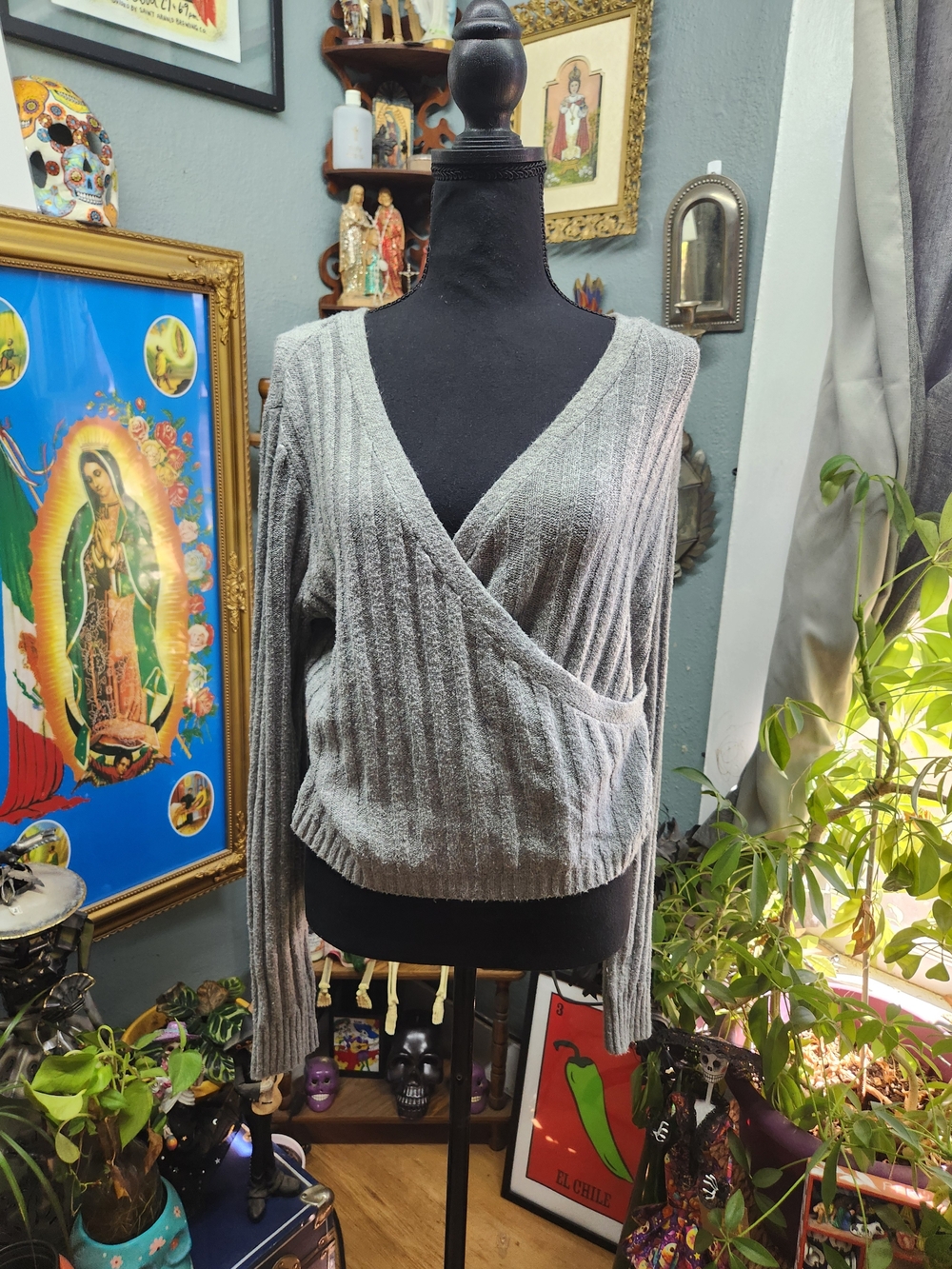Hollister Gray Ribbed Wrap V-Neck Sweater